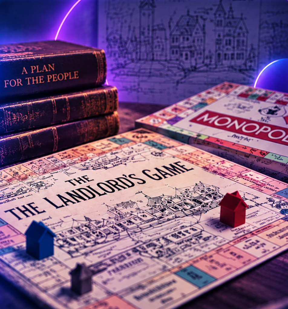 Le plateau du Landlord's Game d'Elizabeth Magie, à côté d'une boîte de Monopoly